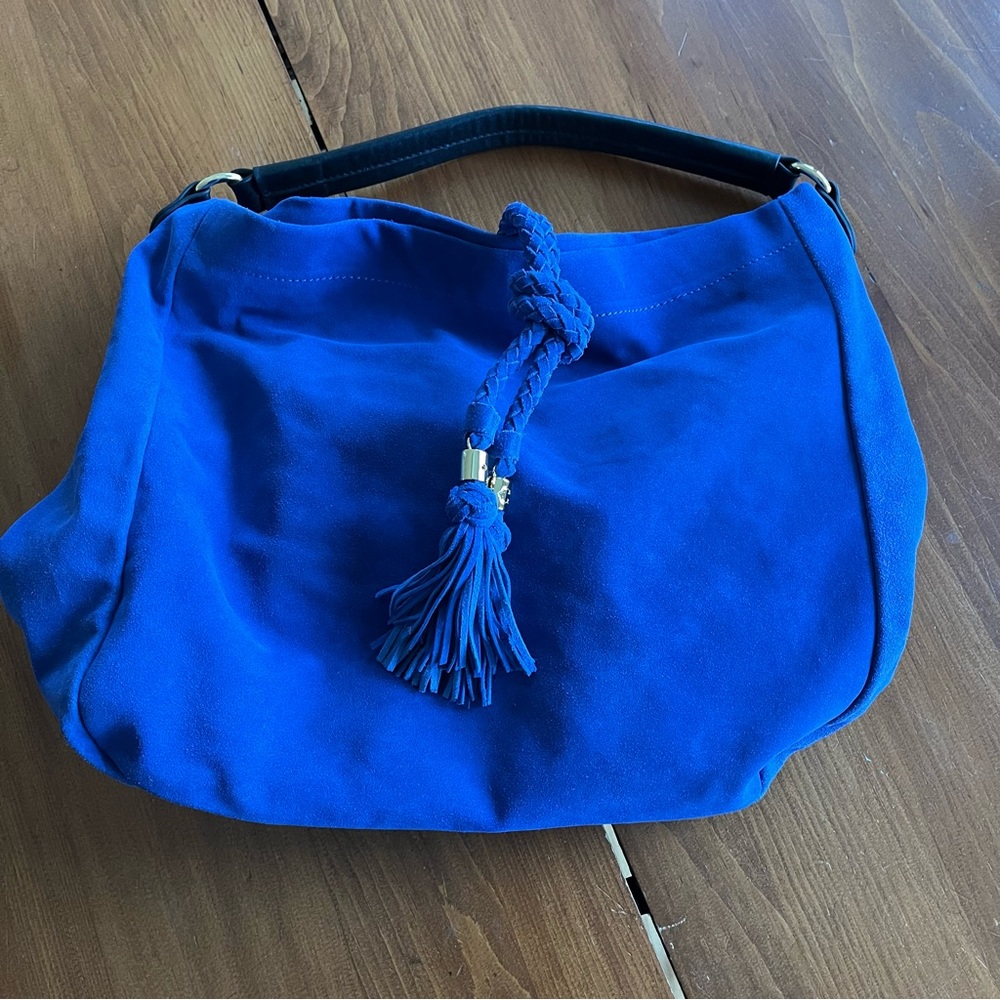 C. Wonder Blue Suede Slouch Hobo Bag with Leather Strap and Tassel - Picture 2 of 13